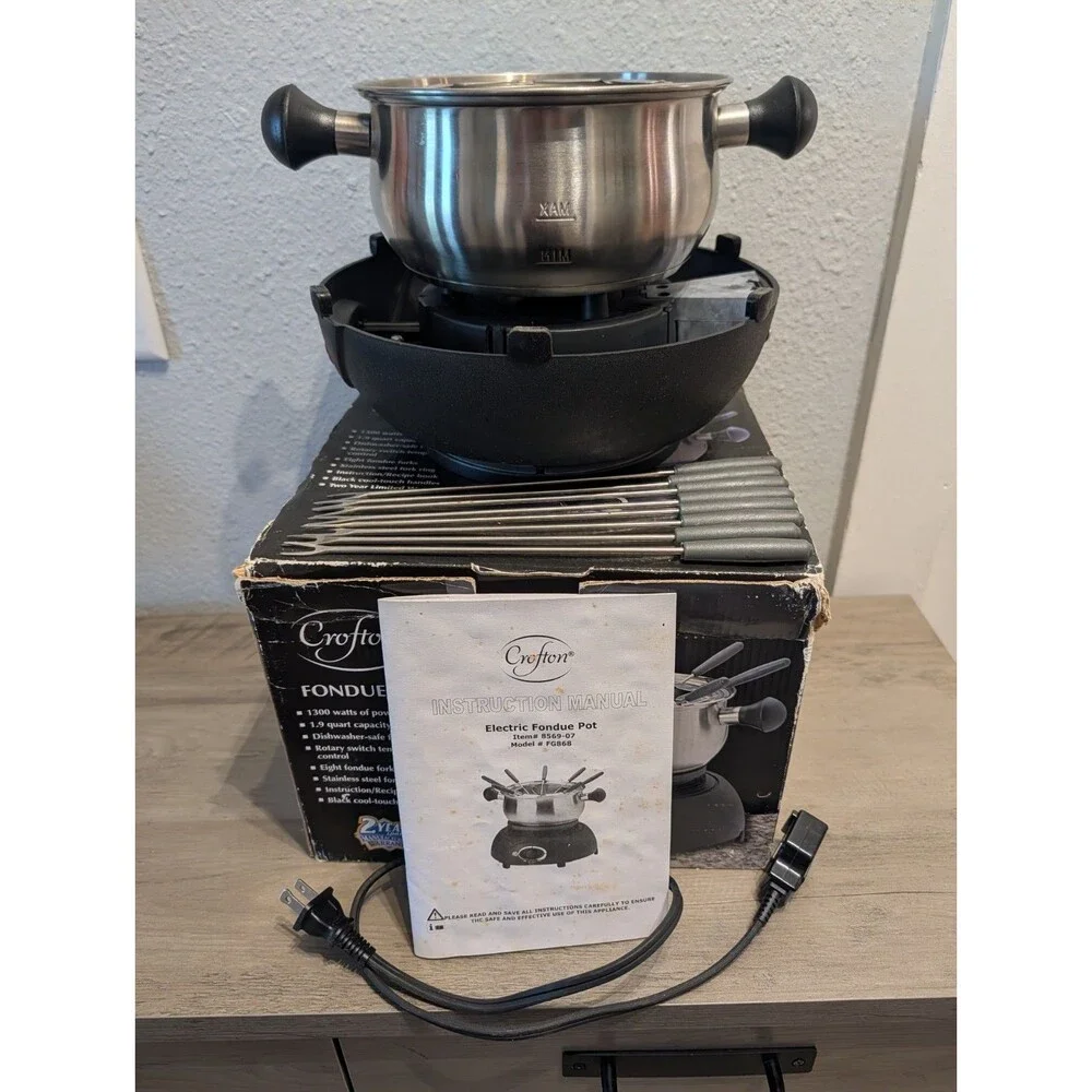 Crofton FG868 Electric Fondue Set 1.9 Qt 8 Forks Box Manual Tested Works